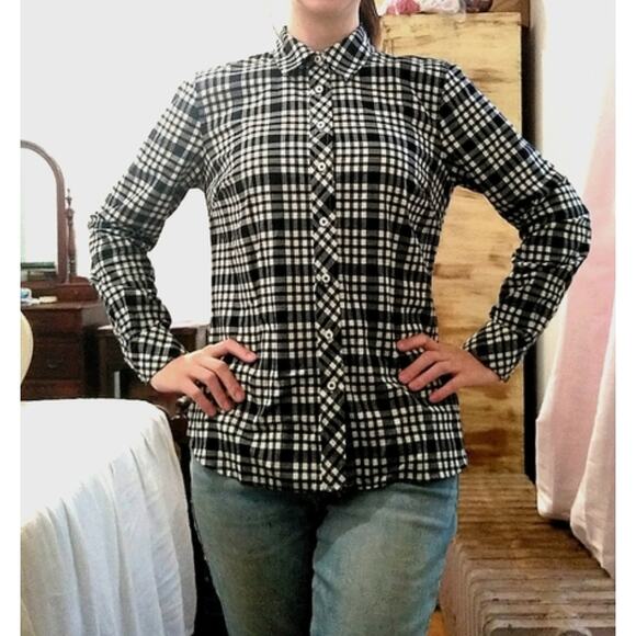 Talbots Top Womens 2X Black Plaid Button Up Long Sleeve Silver Metallic Cotton - Picture 5 of 6
